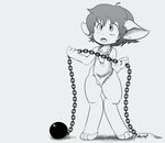  anthro apron ball_and_chain balls big_ears billmurray clothing collar digitigrade greyscale holding_object kalapean lagomorph looking_up male mammal monochrome naked_apron open_mouth signature solo standing vulapa_y_taljeek 