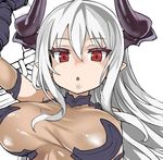  :o asanagi bangs borrowed_character breasts colo_mag-chan commentary_request draph eyebrows eyebrows_visible_through_hair granblue_fantasy hair_between_eyes horns large_breasts leotard long_hair looking_at_viewer lowres open_mouth original pointy_ears red_eyes simple_background solo upper_body white_background white_hair work_in_progress 