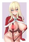  1girl atago_(kancolle) bikini blonde_hair blue_eyes blush border breasts capelet cleavage closed_mouth commentary_request cowboy_shot elbow_gloves fur-trimmed_capelet fur_trim gloves grey_background hair_between_eyes highres huge_breasts kantai_collection large_areolae long_hair navel nipples red_bikini red_capelet red_gloves simple_background slingshot_swimsuit smile solo swimsuit tf_cafe white_border 