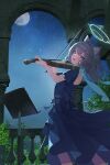  1girl :d absurdres alternate_costume animal_ear_fluff animal_ears aqua_scarf back_bow blue_archive blue_dress blue_eyes blush bow box_(bagsang59049289) dress extra_ears grey_hair halo hands_up highres holding holding_instrument holding_violin instrument looking_at_viewer medium_hair mismatched_pupils moon music night night_sky open_mouth playing_instrument purple_bow scarf shiroko_(blue_archive) short_sleeves sky smile solo star_(sky) violin wolf_ears 