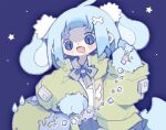  1girl :3 absurdres animal_ears animal_hands arm_rest blue_background blue_eyes blue_fur blue_hair bone_hair_ornament claws collared_jacket dog_ears dog_girl dog_tail earth_(planet) fang giant giantess green_jacket grey_sailor_collar grey_serafuku hair_ornament hand_up high_collar highres jacket long_sleeves looking_at_object medium_hair night night_sky nikamoka open_clothes open_jacket open_mouth original planet pleated_skirt pom_pom_(clothes) pom_pom_hair_ornament sailor_collar school_uniform serafuku short_eyebrows sidelocks simple_background skirt sky slit_pupils solo space star_(sky) sweatdrop tail upper_body 