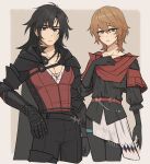  2girls black_cape black_gloves black_hair blonde_hair breasts cape cleavage clive_rosfield final_fantasy final_fantasy_xvi genderswap genderswap_(mtf) gloves hand_on_own_hip highres joshua_rosfield looking_at_viewer medium_hair multiple_girls ninjin_maqui scar scar_on_face short_hair siblings sisters 