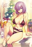  1girl :q barefoot black_bra black_garter_belt black_panties bra breasts christmas christmas_tree collarbone commentary_request dynamitenatalia english_commentary fate/grand_order fate_(series) fou_(fate) garter_belt hair_over_one_eye hand_up indoors large_breasts looking_at_viewer mash_kyrielight merry_christmas mixed-language_commentary navel panties purple_eyes purple_hair short_hair sitting smile solo toes tongue tongue_out underwear underwear_only v 