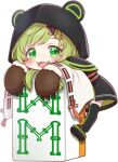  1girl :3 black_footwear black_hoodie black_thighhighs blush brown_mittens chibi commentary_request full_body fur-trimmed_mittens fur_trim green_eyes green_hair hinokuma_ran hood hood_up hoodie long_hair mahjong mahjong_tile medium_bangs mittens nanashi_inc. open_mouth reona_kfc02 second-party_source smile solo thighhighs transparent_background virtual_youtuber zouri 