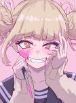  1girl black_sailor_collar blonde_hair blood blood_on_face blunt_bangs blush boku_no_hero_academia clip_studio_paint_(medium) close-up crazy_grin crazy_smile double_bun fingernails hair_bun hand_on_own_cheek hand_on_own_face hands_up highres holding holding_knife knife looking_at_viewer making-of_available messy_hair orange_eyes pink_background pink_blood pink_pupils portrait ryoha_kosako sailor_collar short_hair simple_background sleeves_past_wrists smile solo sweater toga_himiko video_thumbnail yellow_sweater 