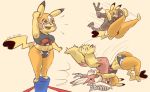  2015 3_fingers 3_toes 5_fingers anthro anthrofied black_nose blaziken brown_body brown_eyes cleft_tail clothed clothing devil_horns dipstick_ears feathers female fist_pump group hitmonlee midriff multiple_scenes nintendo open_mouth open_smile pikachu pikachu_libre pok&eacute;mon pok&eacute;mon_(species) pok&eacute;morph raised_arm red_feathers shinsuke simple_background smile suplex toes video_games wrestling x_eyes yellow_background yellow_body yellow_feathers 