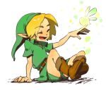 blonde_hair boots clothing duo elf eyes_closed fairy footwear hair hat headgear headwear humanoid humanoid_pointy_ears hylian light_body light_skin male navi nintendo not_furry ocarina_of_time open_mouth open_smile simple_background sitting smile the_legend_of_zelda wings yosino1985 young_link