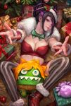  1girl alternate_costume black_hair blanka-chan bow bowtie box breasts character_doll christmas christmas_ornaments christmas_tree cleavage closed_mouth commentary detached_sleeves english_commentary fur-trimmed_footwear fur-trimmed_sleeves fur_trim gift gift_box green_bow green_bowtie hair_horns han_juri highres lips looking_at_viewer medium_breasts mega_man_(character) mega_man_(series) miche midriff multicolored_hair outstretched_arms pink_lips purple_eyes purple_hair reaching reaching_towards_viewer red_footwear red_shorts red_tank_top short_hair short_shorts shorts sitting solo street_fighter street_fighter_6 striped striped_thighhighs tank_top thighhighs two-tone_hair 