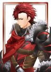  1boy absurdres armor artist_name belt belt_buckle border buckle cape closed_mouth commentary_request diamant_(fire_emblem) fire_emblem fire_emblem_engage fur_trim gauntlets highres insignia midori_no_baku red_border red_cape red_eyes red_hair short_hair shoulder_armor upper_body white_background 