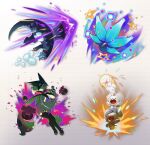  absurdres animal_focus aura baxcalibur claws colored_skin english_commentary glimmora green_skin grey_background highres maushold maushold_(family_of_four) meowscarada mouse no_humans open_mouth pewzero pokemon pokemon_(creature) red_eyes star_(symbol) tail yellow_eyes 