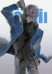  1boy aaaaaa855862 black_gloves blood blood_on_clothes blood_on_face blue_coat blue_eyes closed_mouth coat devil_may_cry_(series) devil_may_cry_3 fingerless_gloves gloves highres holding holding_sword holding_weapon katana male_focus solo sword vergil_(devil_may_cry) weapon white_hair yamato_(sword) 