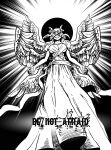  1girl angel_wings angelo&#039;s_world biblically_accurate_angel breasts cleavage_cutout clothing_cutout commentary dress eclipse english_commentary extra_eyes feathered_wings greyscale highres inktober large_breasts long_dress monochrome multiple_wings original outstretched_arms smile solo wings 