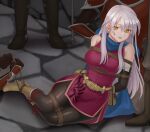  1girl 3boys absurdres arms_behind_back bare_shoulders bdsm belt black_gloves black_pantyhose blue_scarf bondage boots bound bound_ankles bound_legs breasts brown_footwear commentary_request dress elbow_gloves fire_emblem fire_emblem:_radiant_dawn gloves hazuki_(nyorosuke) highres large_breasts long_hair looking_at_viewer micaiah_(fire_emblem) multiple_boys pantyhose parted_lips pouch purple_dress rope scarf sleeveless sleeveless_dress solo_focus thighs very_long_hair white_hair yellow_eyes 