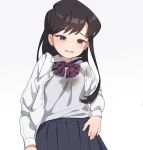  1girl aged_down black_eyes black_hair blue_skirt bow collared_shirt crying crying_with_eyes_open diagonal-striped_bow diagonal_stripes dirty dirty_clothes highres komi-san_wa_komyushou_desu komi_shouko long_hair ludo0109 pleated_skirt shirt simple_background skirt solo striped tank_top tears white_background white_shirt 