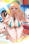  alcohol ass atago_(kantai_collection) bare_shoulders beach beach_umbrella between_breasts blonde_hair breasts commentary_request drunk hat highres igarasy innertube kantai_collection large_breasts long_hair looking_at_viewer medium_breasts multiple_girls pola_(kantai_collection) sexually_suggestive swimsuit takao_(kantai_collection) thighs umbrella 