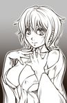  bangs blush breasts center_opening cleavage commentary_request fingernails flipped_hair from_side gradient gradient_background greyscale grin hair_between_eyes hands_on_own_chest happy hisahiko japanese_clothes kimono kohisutefu long_fingernails long_sleeves looking_at_viewer medium_breasts mikuriya_kii monochrome no_bra off_shoulder open_clothes open_kimono open_mouth outline short_hair sketch smile solo translation_request upper_body wide_sleeves 