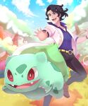  1boy absurdres augustine_sycamore belt black_hair blue_shirt blue_sky bulbasaur collared_shirt fangs grass grey_eyes highres lab_coat male_focus nellcher open_mouth outdoors pokemon pokemon_(creature) pokemon_xy red_eyes shirt sky sparkle tree 