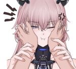  1girl 1other anger_vein animal_ears annoyed artist_request bear_ears blue_eyes commandant_(punishing:_gray_raven) hair_between_eyes hands_on_another&#039;s_face long_hair mechanical_ears one_eye_closed pink_hair pink_nails punishing:_gray_raven teddy_(punishing:_gray_raven) white_background 