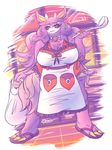  2016 anthro apron armpit_hair aromatisse avian big_breasts bird breasts claws clothed clothing feathers female front_view fur hair hairband half-closed_eyes hi_res inside jewelry kitchen ladle mature_female necklace nintendo overweight patohoro pink_fur pok&eacute;mon pok&eacute;morph purple_fur red_eyes shorts slippers solo toe_claws video_games voluptuous 