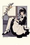  1girl apron black_eyes black_hair bob_cut border commentary flower highres kashiwagi_chisame maid maid_apron maid_headdress mary_janes original pantyhose shoes short_hair signature sitting solo white_legwear 