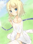  ahoge blonde_hair blue_eyes blush breasts cleavage eyebrows eyebrows_visible_through_hair holding_clothes hose kavka looking_at_viewer original see-through short_hair sitting sitting_on_ground solo thighhighs wariza water wavy_hair wet wet_clothes white_legwear 