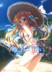  absurdres beach bikini blonde_hair blue_eyes blush cloud day flower hair_flower hair_ornament hat highres huge_filesize long_hair looking_at_viewer open_mouth original outdoors ribbon shorts sky solo sun_hat swimsuit yuzuna_hiyo 