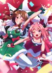 2girls absurdres animal_ears bow breasts brown_hair christmas collarbone dress ear_covers freely2327 fur-trimmed_dress fur_trim green_dress hand_up haru_urara_(umamusume) highres holding holding_sack horse_ears horse_girl horse_tail jumping king_halo_(umamusume) multicolored_background multiple_girls official_alternate_costume open_mouth pink_dress pink_hair purple_eyes sack santa_costume smile tail teeth thighhighs umamusume white_thighhighs 
