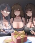  3girls absurdres ahoge anis_(nikke) black_tank_top blurry blurry_foreground box breasts brown_eyes brown_hair cat_hair_ornament character_name cleavage closed_mouth collarbone commentary_request counters_(nikke) crossed_arms gift gift_box glasses goddess_of_victory:_nikke grey_hair hair_between_eyes hair_ornament highres kurone_rinka large_breasts long_hair looking_at_viewer multiple_girls neon_(nikke) pajamas parted_lips rapi_(nikke) red_eyes tank_top upper_body 
