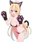  1girl :d ahoge animal_ears animal_hands arihara_nanami bikini black_bikini blonde_hair blush breasts cat_ears cat_tail cleavage collarbone commentary cowboy_shot curvy fang furrowed_brow gloves hair_between_eyes hair_ornament halterneck hands_up large_breasts long_hair looking_at_viewer navel open_mouth paw_gloves pom_pom_(clothes) pom_pom_hair_ornament ponytail red_eyes riddle_joker shy side-tie_bikini_bottom simple_background skin_fang skindentation smile solo standing straight_hair sweatdrop swimsuit symbol-only_commentary tail very_long_hair w_arms white_background zlmh7okwwbmghfo 