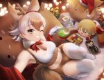  1girl animal_ears armpits bare_shoulders beleven blonde_hair bow bowtie christmas christmas_present coyopotato coyote_(kemono_friends) cup extra_ears food gift gloves hat highres kemono_friends kemono_friends_v_project leo_kliesen looking_at_viewer navel one_eye_closed santa_hat short_hair shorts sleeveless stuffed_toy sweets tail tank_top tekken thighhighs virtual_youtuber wolf_ears wolf_girl wolf_tail yellow_eyes 