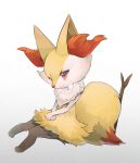  1other animal_ear_fluff braixen closed_mouth commentary_request ebichi_(mon600n) full_body furry highres knees_together_feet_apart looking_down own_hands_together pokemon pokemon_(creature) red_eyes sitting smile solo stick white_background 