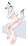  1girl absurdres animal_ears arknights ass bare_legs barefoot blue_eyes blush breasts extra_ears feet foot_focus foreshortening grey_hair hair_ornament hairclip highres lappland_(arknights) large_breasts long_hair looking_at_viewer panties scar scar_across_eye shirt sidelocks simple_background smile soles solo tail toes underboob underwear white_background white_panties white_shirt wl217_(nicexa111) wolf_ears wolf_girl wolf_tail 
