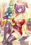  1girl :q black_bra black_footwear black_panties boots bra breasts christmas christmas_tree commentary_request dress dynamitenatalia english_commentary fate/grand_order fate_(series) fou_(fate) fur-trimmed_dress fur-trimmed_headwear fur_trim hair_over_one_eye hand_up hat indoors large_breasts looking_at_viewer mash_kyrielight merry_christmas mixed-language_commentary panties pom_pom_(clothes) purple_eyes purple_hair red_dress red_headwear santa_dress santa_hat short_dress short_hair sitting smile solo thigh_boots thighs tongue tongue_out underwear v 