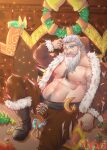  1boy absurdres artist_request bara bare_pectorals beard belly bulge christmas christmas_wreath cross-laced_clothes cross-laced_legwear dwarf facial_hair foot_out_of_frame full_beard hat highres huge_eyebrows large_pectorals long_beard male_focus mature_male muscular muscular_male mustache nipples old old_man original pectorals plump pointy_ears red_headwear santa_costume santa_hat short_hair sitting solo textless_version thick_chest_hair thick_navel_hair white_hair wreath 