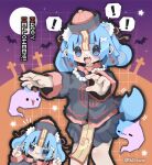  ! 1girl :3 @_@ absurdres animal animal_ears artist_name bat_(animal) bead_necklace beads black_skirt blue_eyes blue_hair cat chibi chibi_inset cross dog_ears dog_girl dog_tail drooling earrings english_text feet_out_of_frame full_moon ghost grid_background hair_ornament halloween halloween_costume hands_up happy_halloween hat highres jewelry jiangshi_costume latin_cross looking_at_viewer medium_hair moon mouth_drool multicolored_background necklace night night_sky nikamoka notice_lines ofuda open_mouth orange_background original outstretched_arms pelvic_curtain pleated_skirt pom_pom_(clothes) pom_pom_hair_ornament purple_background purple_sky qingdai_guanmao sharp_teeth short_eyebrows skirt sky spoken_exclamation_mark standing star_(sky) tail tassel tassel_earrings teeth tombstone twitter_username zombie_pose 