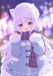  1girl :d animal_ears blue_coat blurry blurry_background bow cat_ears coat fang hair_ornament highres original purple_eyes purple_hair purple_scarf scarf skin_fang smile snowflake_hair_ornament tyakomes waving winter_clothes winter_coat 