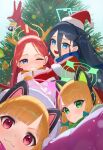  &lt;key&gt;_(robot)_(blue_archive) 4girls absurdly_long_hair animal_ear_headphones animal_ears antlers aris_(blue_archive) black_hair black_hairband blonde_hair blue_archive blue_bow blue_eyes blue_halo blush bow christmas christmas_tree closed_mouth fake_animal_ears game_development_department_(blue_archive) gloves glow_(user_hnpv7785) green_eyes green_halo grin hair_bow hairband halo hat headphones highres jacket long_hair long_sleeves midori_(blue_archive) momoi_(blue_archive) multiple_girls one_eye_closed one_side_up open_mouth pink_halo red_eyes red_gloves red_hair red_headwear reindeer_antlers santa_hat short_hair siblings sisters smile twins very_long_hair white_jacket yellow_halo yuzu_(blue_archive) 