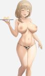  1girl animal_print baji_toufuu_(bajitohfu) bikini blonde_hair blush breasts breasts_apart closed_eyes cow_print food hair_ornament hairclip highres holding holding_plate jahy-sama_wa_kujikenai! large_breasts navel nipples open_mouth plate print_bikini short_hair simple_background smile solo swimsuit tenchou_(jahy) topless white_background 