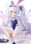  1girl absurdres animal_ears azur_lane breasts byx champagne_flute covered_navel crossed_bangs cup cupcake drinking_glass fake_animal_ears food hair_between_eyes highleg highleg_leotard highres laffey_(azur_lane) laffey_ii_(azur_lane) laffey_ii_(sleepy_on_a_busy_day)_(azur_lane) leotard long_hair long_sleeves looking_at_viewer manjuu_(azur_lane) official_alternate_costume pantyhose parted_lips playboy_bunny rabbit_ears red_eyes single_barefoot sitting small_breasts solo spill strapless strapless_leotard thighband_pantyhose toes twintails very_long_hair wet wet_clothes white_pantyhose 