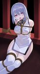  1girl :o absurdres arms_behind_back bdsm bondage bound breasts china_dress chinese_clothes commentary_request dress falken_(yutozin) grey_hair highres long_hair looking_at_viewer medium_breasts original purple_eyes restrained rope shibari sitting solo thighhighs white_thighhighs 