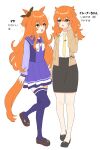  2girls absurdres alternate_costume alternate_hairstyle black_bow black_skirt bow brown_footwear commentary_request ear_bow hair_between_eyes high_heels highres inuyama_nanami loafers long_hair long_sleeves mayano_top_gun_(umamusume) multiple_girls necktie office_lady orange_eyes orange_hair pantyhose pencil_skirt petticoat pleated_skirt purple_serafuku purple_shirt purple_skirt purple_thighhighs sailor_collar school_uniform serafuku shirt shoes skirt sparkle thighhighs tracen_school_uniform translation_request two_side_up umamusume white_bow white_pantyhose winter_uniform yellow_necktie 