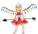  1girl absurdres back_bow barefoot blonde_hair bow chirpy facing_away flandre_scarlet frilled_shirt_collar frilled_skirt frilled_sleeves frills from_behind full_body hat highres holding holding_polearm holding_weapon laevatein_(touhou) large_bow medium_hair mob_cap multicolored_wings polearm puffy_short_sleeves puffy_sleeves red_skirt red_vest shirt short_sleeves simple_background skirt skirt_set solo sparkle touhou vest weapon white_background white_bow white_headwear white_shirt wings 