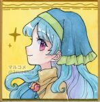  1girl 2zuz4hru blue_hair dress from_side green_headwear haniyasushin_keiki head_scarf jewelry long_hair magatama magatama_necklace necklace painting_(medium) portrait profile purple_eyes smile solo touhou traditional_media twitter_username watercolor_(medium) yellow_dress 