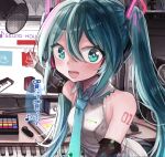  1girl aqua_eyes aqua_hair aqua_necktie bare_shoulders begging black_skirt black_sleeves blush commentary detached_sleeves eighth_note hair_ornament hatsune_miku hatsune_miku_(vocaloid4) headphones highres instrument keyboard_(instrument) long_hair looking_at_viewer microa microphone monitor mouse_(computer) musical_note necktie object_request open_mouth pleated_skirt pointing pop_filter shirt shoulder_tattoo skirt sleeveless sleeveless_shirt smile solo sparkling_eyes speech_bubble tattoo translated twintails upper_body v4x very_long_hair vocaloid white_shirt window_(computing) 