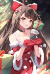  1girl black_choker bow brown_eyes brown_hair choker christmas_present christmas_tree dress elphe fur-trimmed_dress fur-trimmed_gloves fur_trim gift gloves hair_bow highres hololive long_hair looking_at_viewer open_mouth red_bow red_dress red_gloves roboco-san robosaa_(roboco) santa_dress smile snow virtual_youtuber 