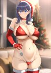 1girl absurdres bikini black_hair blue_eyes blush breasts choker christmas christmas_tree cleavage closed_mouth commentary_request condom condom_wrapper couch covered_nipples curvy elbow_gloves gloves gridman_universe hand_on_own_hip hat highleg highleg_bikini highres indoors large_breasts looking_at_viewer navel ranhatu red_bikini red_choker red_gloves red_thighhighs santa_bikini santa_hat sidelocks smile solo ssss.gridman swimsuit takarada_rikka thighhighs wide_hips window 