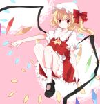  1girl ascot black_footwear blonde_hair bow collarbone collared_shirt danmaku dot_mouth flandre_scarlet frilled_shirt_collar frilled_skirt frills full_body hair_between_eyes hair_bow hat looking_at_viewer mary_janes medium_hair mob_cap multicolored_wings no_nose one_side_up pink_background puffy_short_sleeves puffy_sleeves red_bow red_eyes red_skirt red_vest shironeko_(dondonmi) shirt shoes short_sleeves skirt skirt_set socks solo touhou vest white_headwear white_shirt white_socks wings yellow_ascot 