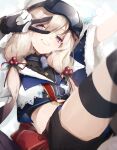  1girl animal_hat ankoro_mochi arknights black_shorts blonde_hair blue_ribbon cardigan_(arknights) cardigan_(cheerful_guardian)_(arknights) commentary crop_top feet_out_of_frame fur_trim goggles goggles_on_head grin hair_bobbles hair_ornament hat highres long_hair looking_at_viewer official_alternate_costume pink_eyes red_ribbon ribbon short_sleeves shorts ski_goggles smile snowflakes solo symbol-only_commentary thigh_strap v_over_eye white_headwear 