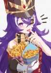  1girl absurdres bare_shoulders bucket chevreuse_(genshin_impact) commentary_request detached_sleeves food french_fries genshin_impact gloves grey_background hand_up hat highres holding holding_bucket licking licking_finger long_hair looking_at_viewer majin_(mazimazindayo) multicolored_hair purple_eyes purple_hair shako_cap simple_background single_glove solo streaked_hair tongue tongue_out upper_body very_long_hair white_gloves white_hair 