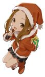  1girl :d absurdres alternate_costume black_skirt boots box brown_eyes brown_hair commentary_request forehead gift gift_box hat highres holding holding_box index_finger_raised karakai_jouzu_no_takagi-san long_hair long_sleeves looking_at_viewer open_mouth red_footwear red_headwear santa_costume santa_hat simple_background skirt smile solo takagi-san white_background yamamoto_souichirou 